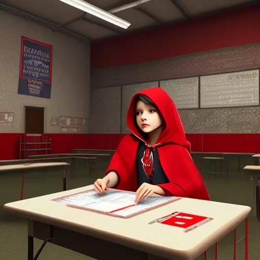小红帽（Little Red Riding Hood）在一个单调乏味的学校体育馆里填写选票，结果变成了投票站。小红帽（Little Red Riding Hood）在一个单调乏味的学校体育馆里填写选票，结果变成了投票站。采用诺曼·罗克韦尔（Norman Rockwell）和村上隆（Takashi Murakami）风格的高度精细的电影照明。（OpenJourney v4）